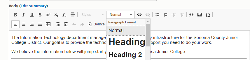 Screenshot of the headings interface in Drupal
